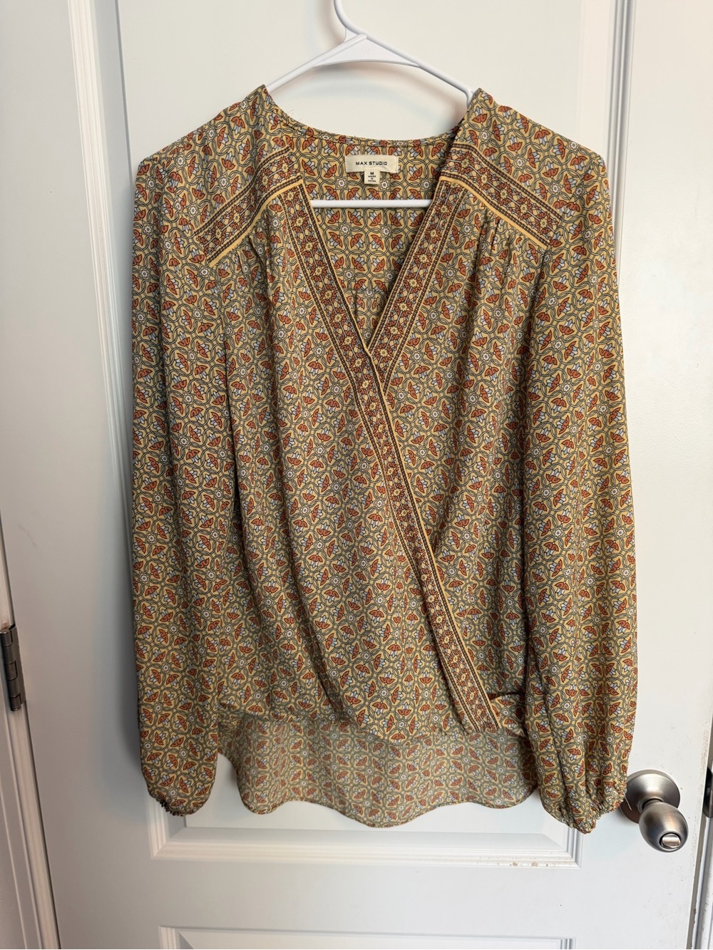Max Studio Medallion Tile Print Faux Wrap Blouse Golden Yellow Rust Surplice M